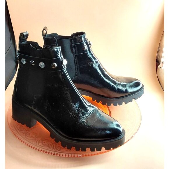 Karl‎ Lagerfeld Porshay Lug Black Studded Leather Chunky Heel Comfortable Boots - Picture 1 of 5